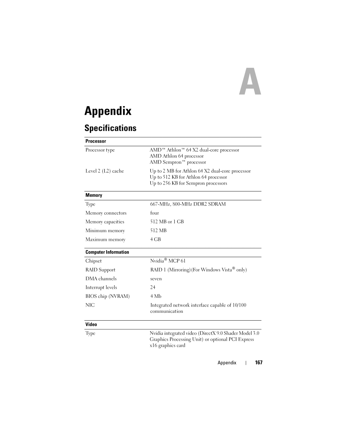 Dell 531 owner manual Specifications, 167 