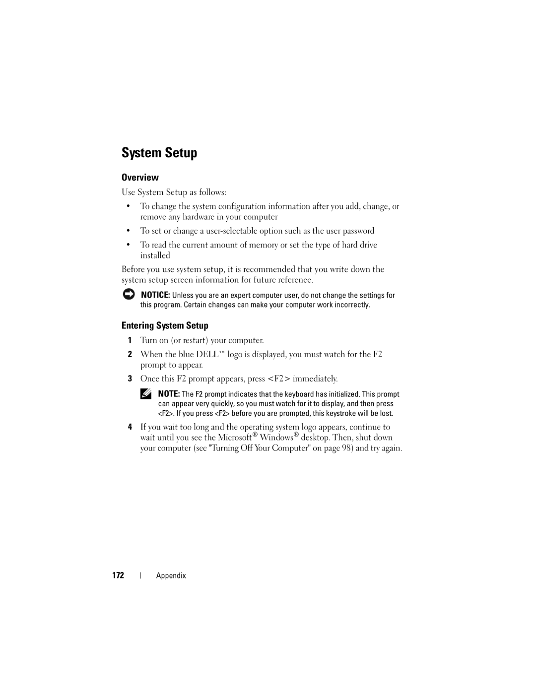 Dell 531 owner manual Overview, Entering System Setup, 172 