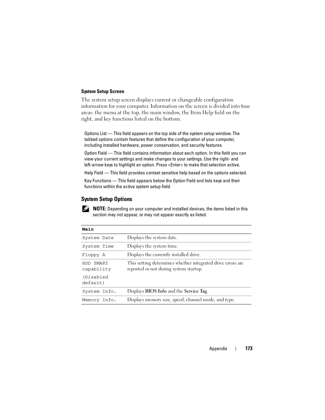 Dell 531 owner manual System Setup Options, System Setup Screen, 173, Displays Bios Info and the Service Tag 