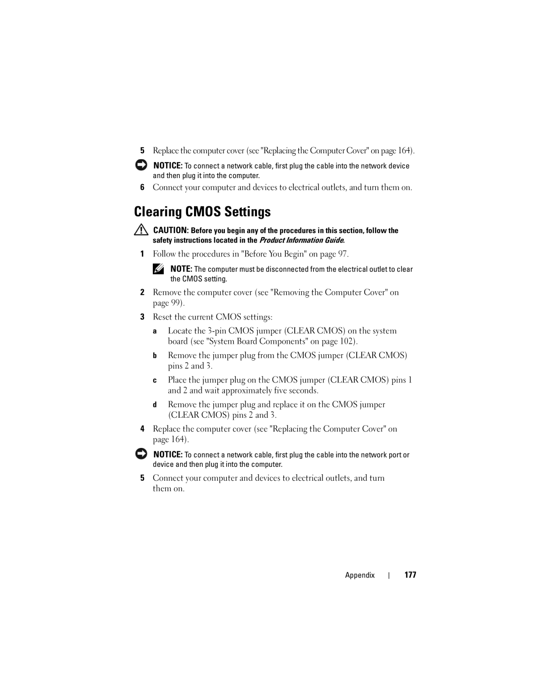 Dell 531 owner manual Clearing Cmos Settings, 177 