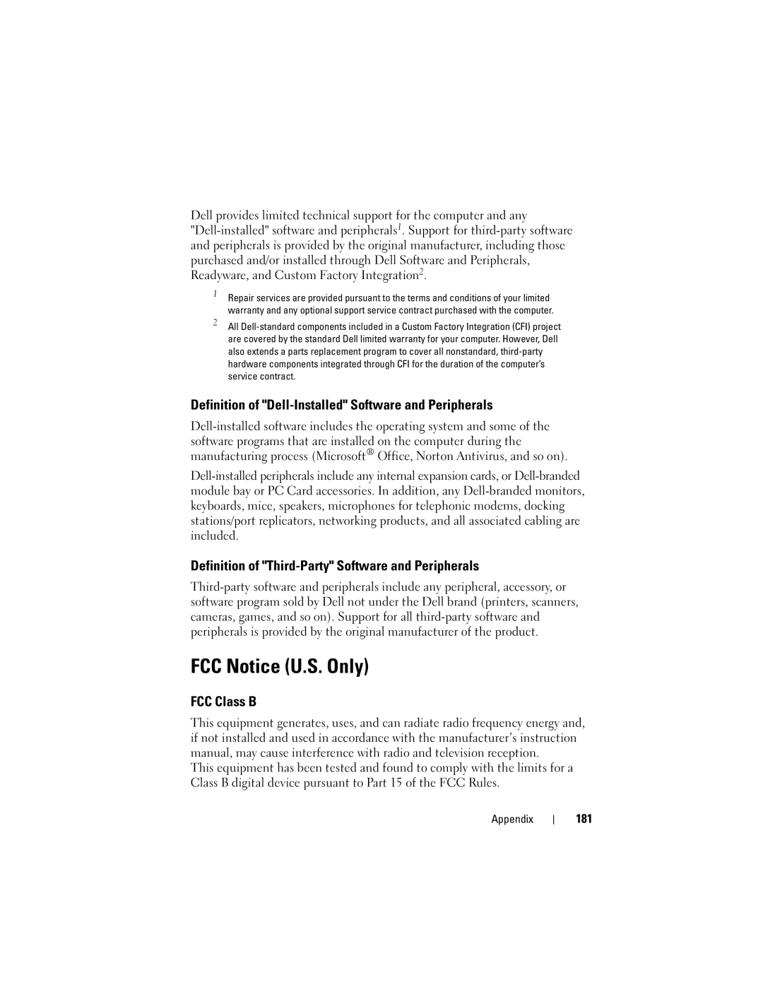 Dell 531 owner manual FCC Notice U.S. Only, Definition of Dell-Installed Software and Peripherals, FCC Class B, 181 