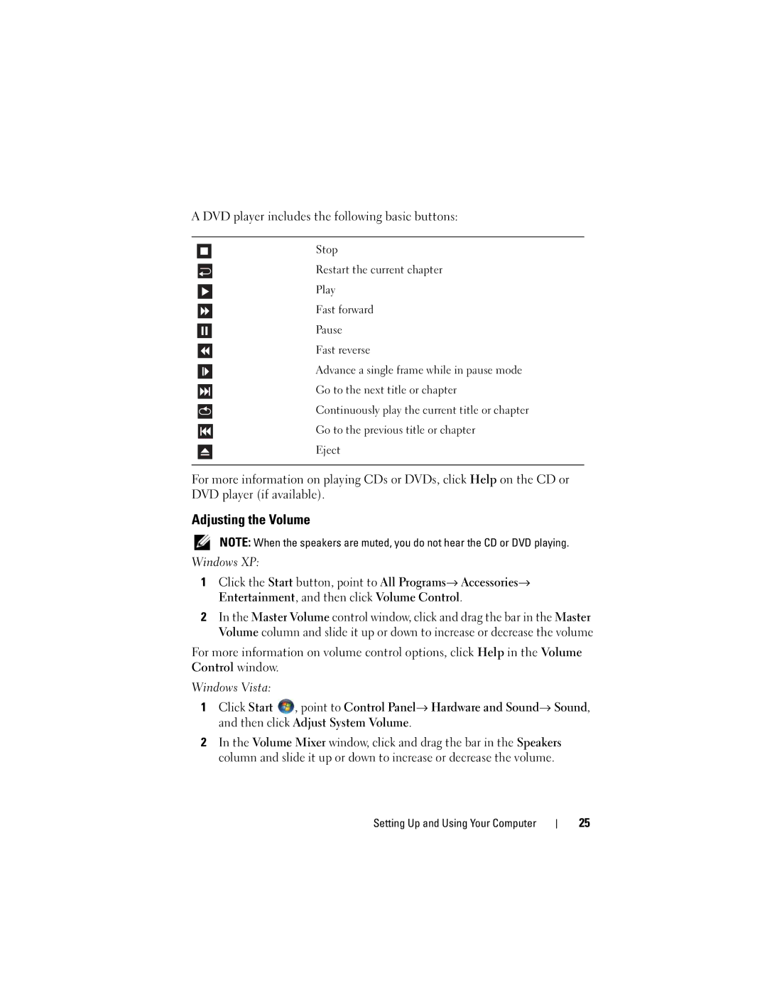 Dell 531 owner manual Adjusting the Volume, DVD player includes the following basic buttons 