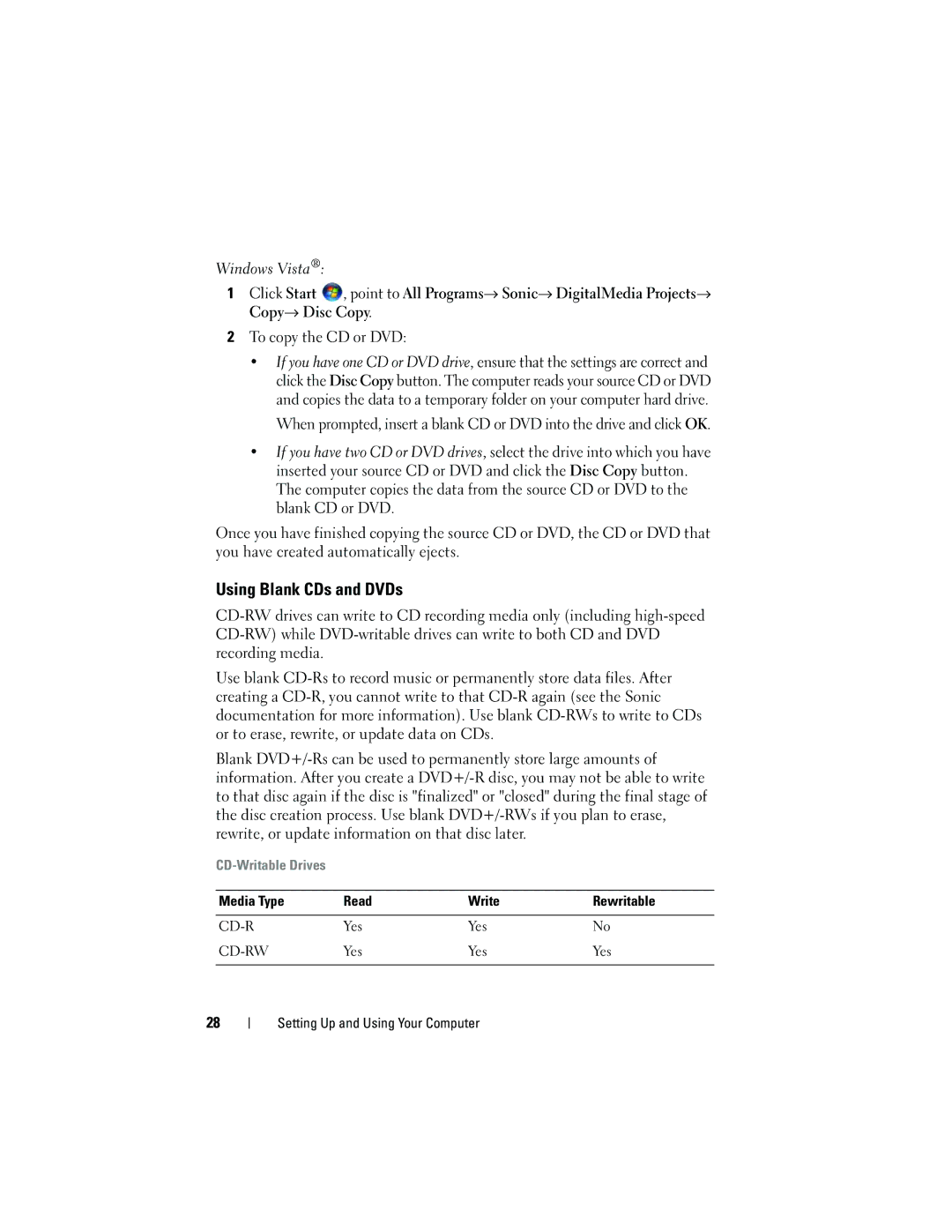 Dell 531 owner manual Using Blank CDs and DVDs, Windows Vista, Media Type Read Write Rewritable 