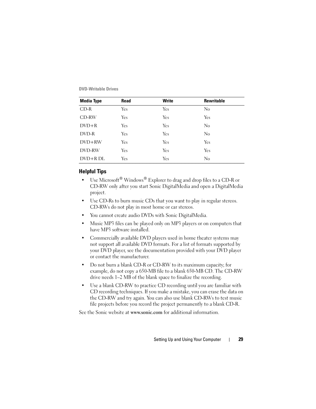 Dell 531 owner manual Helpful Tips, DVD-Writable Drives 