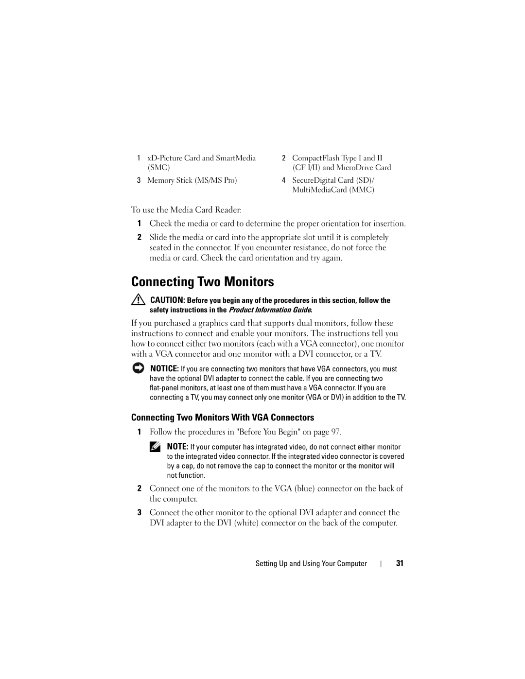 Dell 531 owner manual Connecting Two Monitors With VGA Connectors 