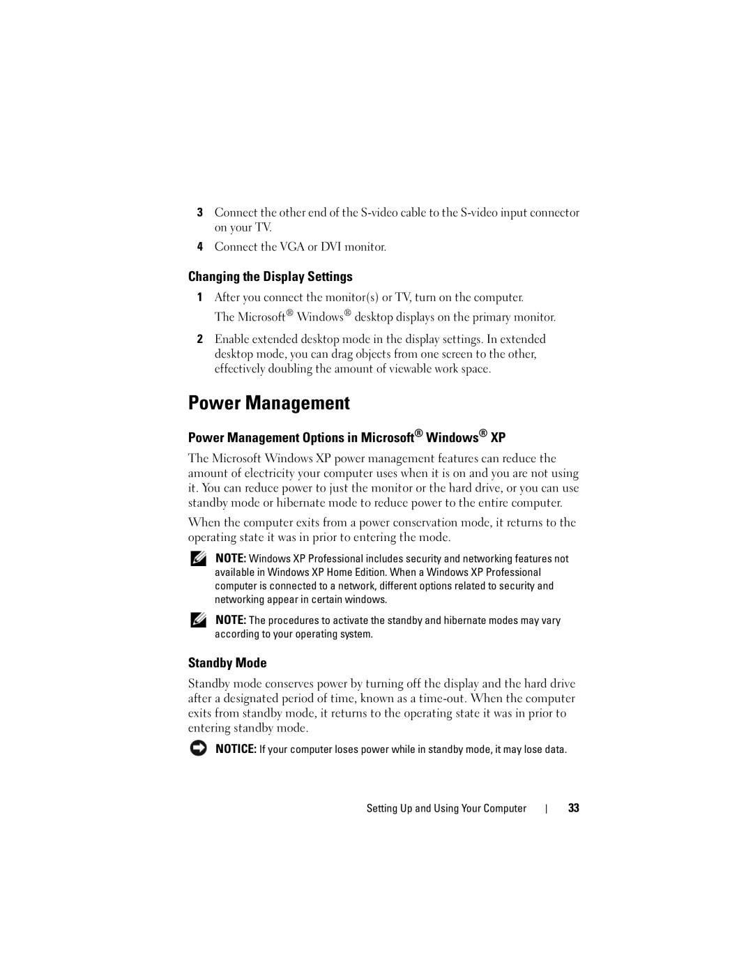 Dell 531 owner manual Changing the Display Settings, Power Management Options in Microsoft Windows XP, Standby Mode 