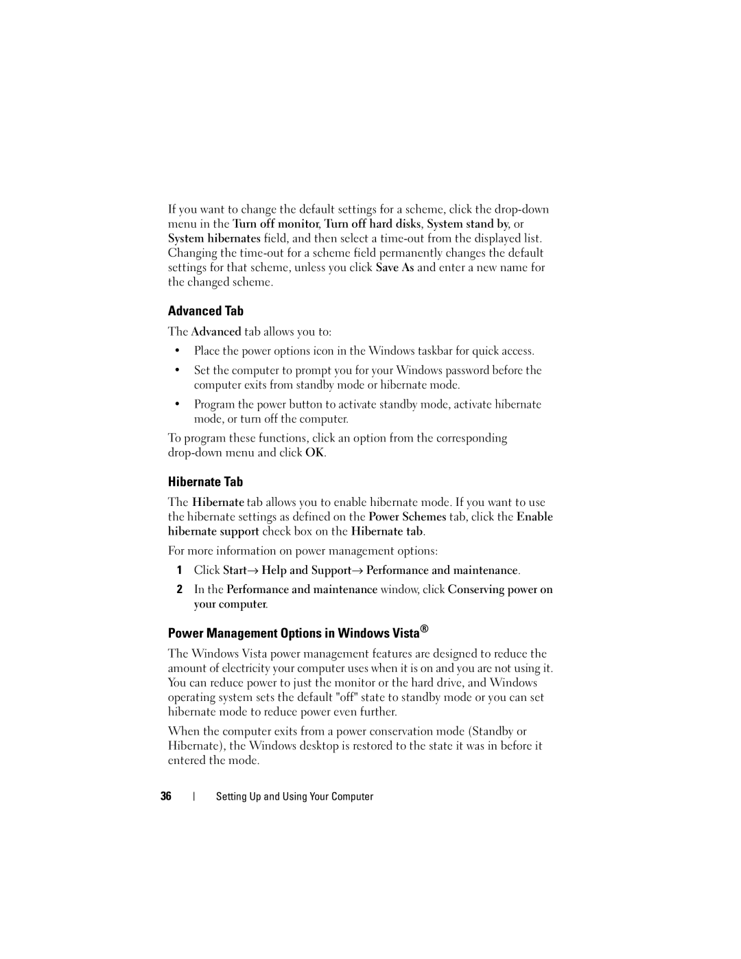 Dell 531 owner manual Advanced Tab, Hibernate Tab, Power Management Options in Windows Vista 