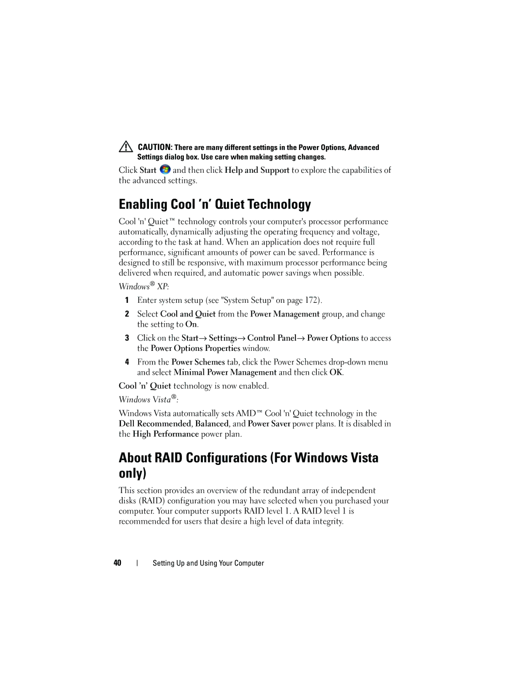 Dell 531 owner manual Enabling Cool ’n’ Quiet Technology, About RAID Configurations For Windows Vista only 