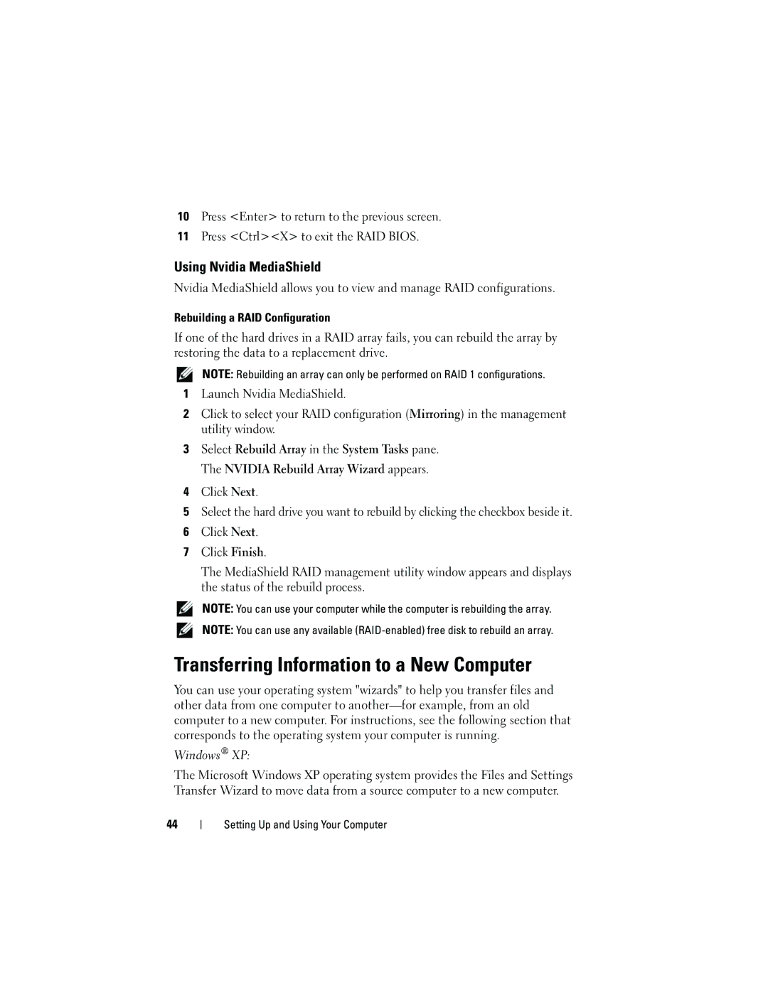 Dell 531 owner manual Transferring Information to a New Computer, Using Nvidia MediaShield, Rebuilding a RAID Configuration 