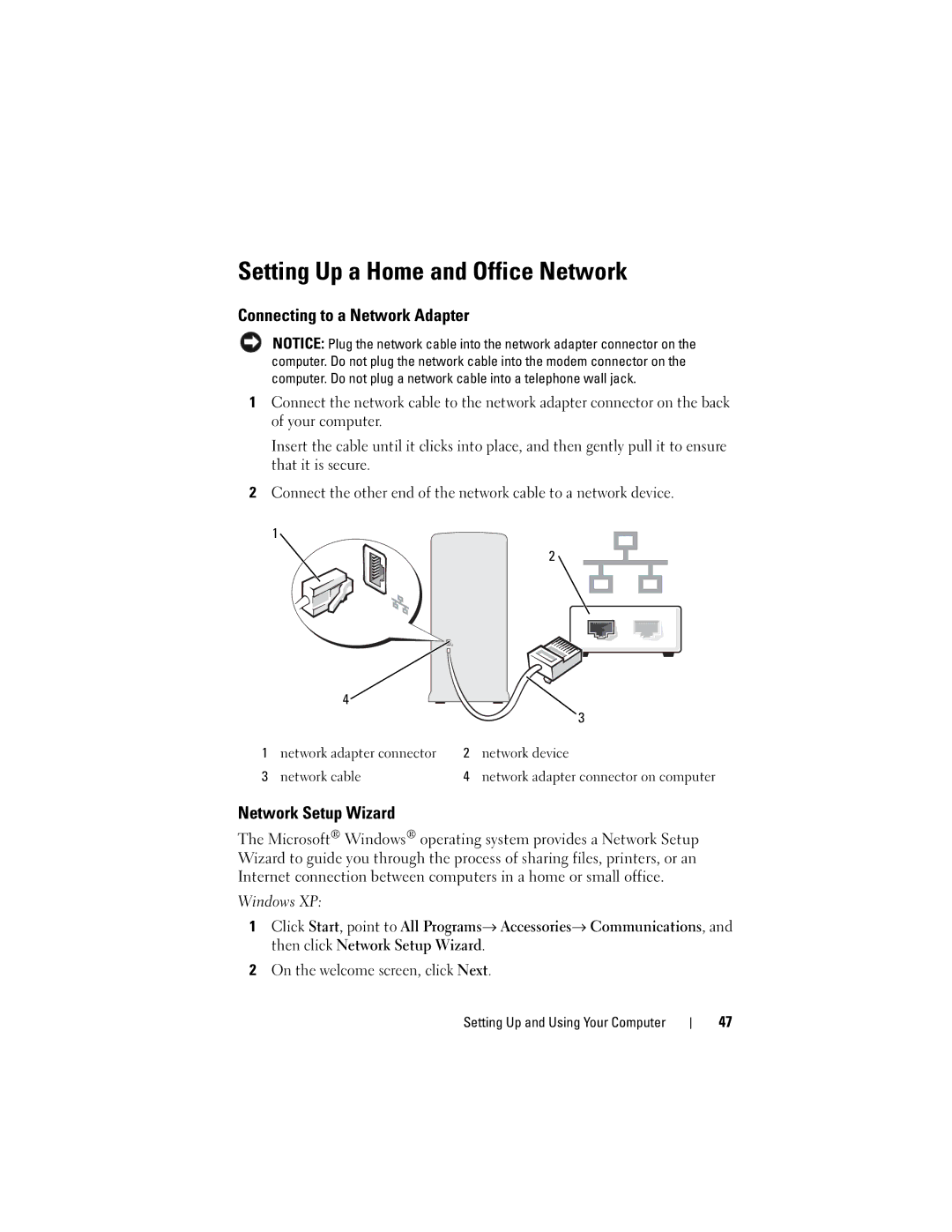 Dell 531 owner manual Setting Up a Home and Office Network, Connecting to a Network Adapter, Network Setup Wizard 