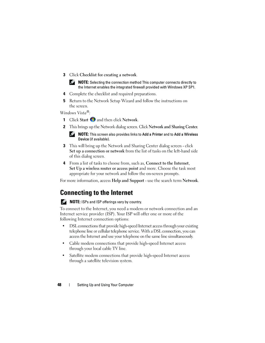 Dell 531 owner manual Connecting to the Internet, Click Checklist for creating a network 