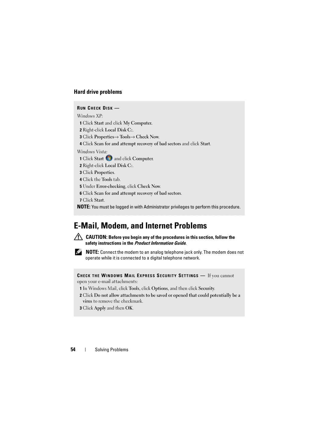 Dell 531 owner manual Mail, Modem, and Internet Problems, Hard drive problems 