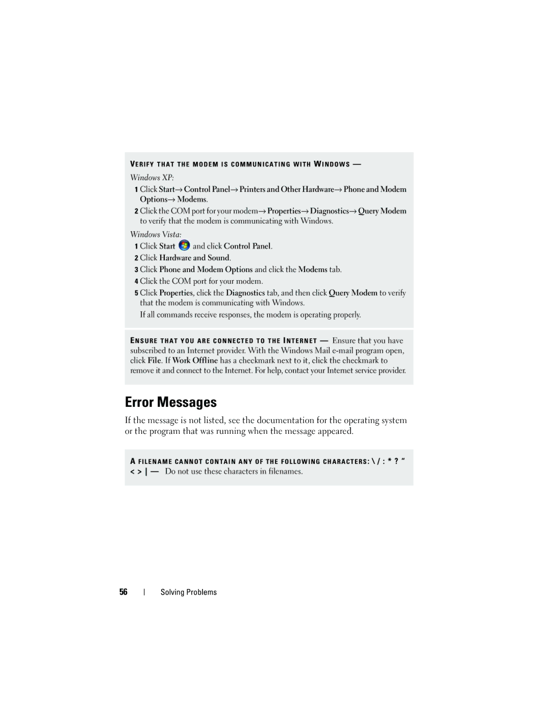 Dell 531 owner manual Error Messages, Click Start, Options Modems, To verify that the modem is communicating with Windows 