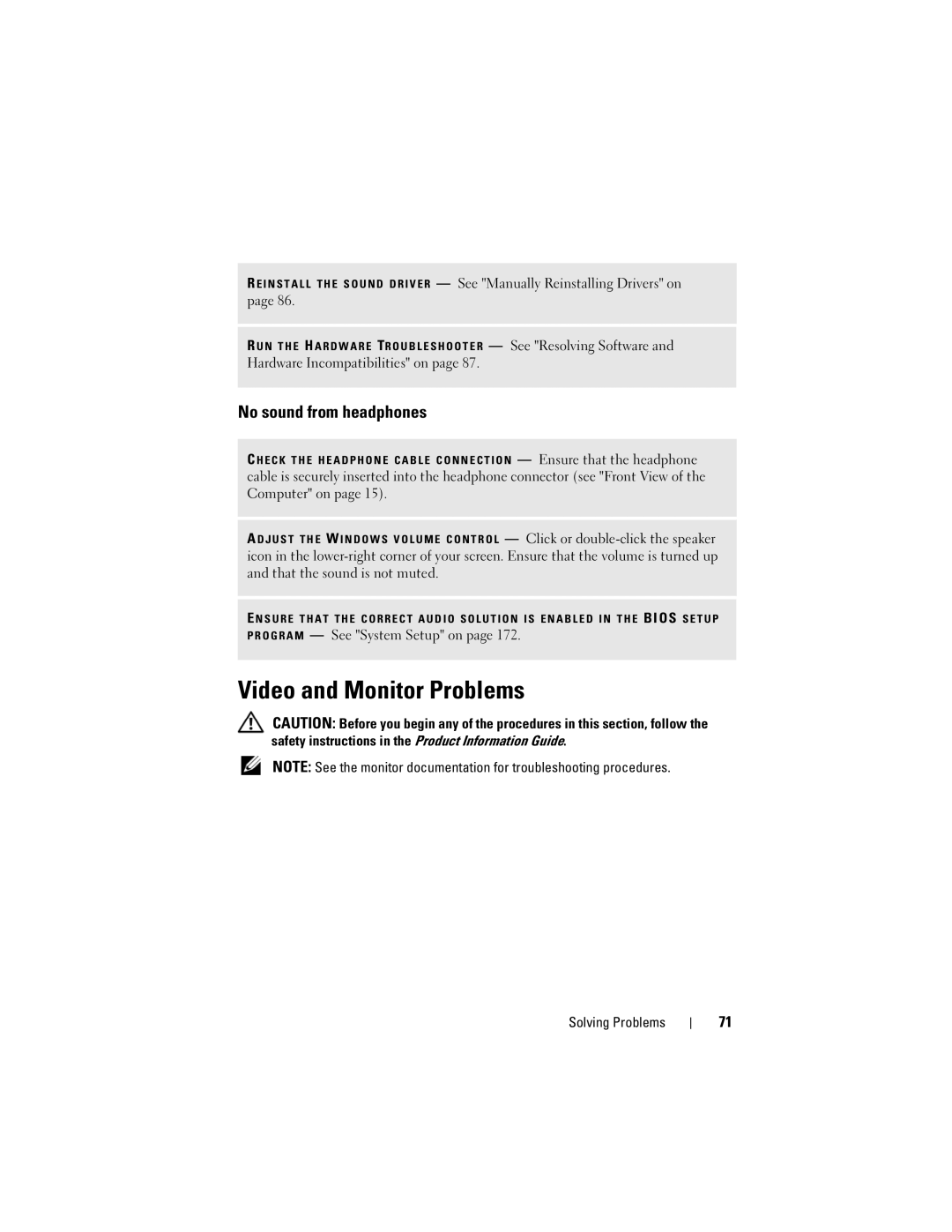 Dell 531 owner manual Video and Monitor Problems, No sound from headphones 