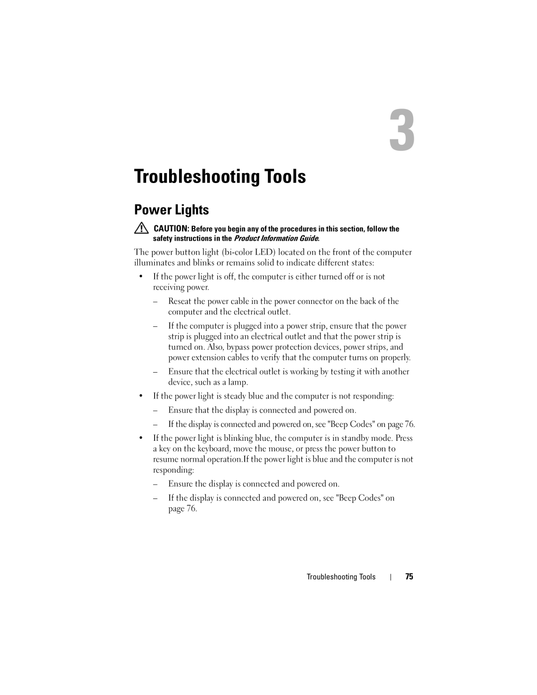 Dell 531 owner manual Power Lights, Troubleshooting Tools 