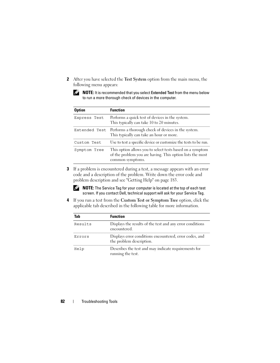 Dell 531 owner manual OptionFunction 