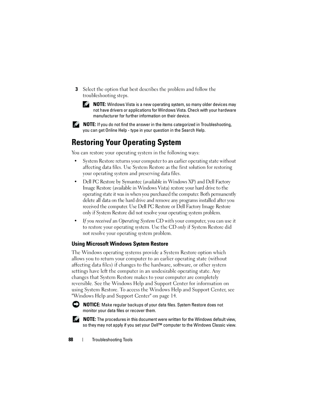 Dell 531 owner manual Restoring Your Operating System, Using Microsoft Windows System Restore 