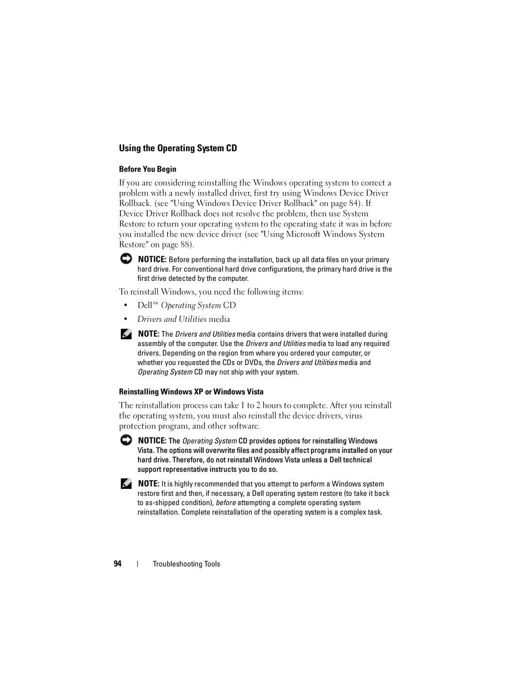 Dell 531 owner manual Using the Operating System CD, Before You Begin, Reinstalling Windows XP or Windows Vista 