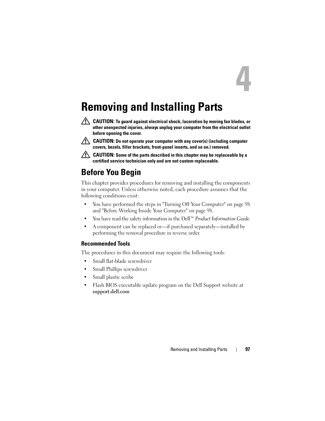 Dell 531 owner manual Before You Begin, Recommended Tools, Removing and Installing Parts 