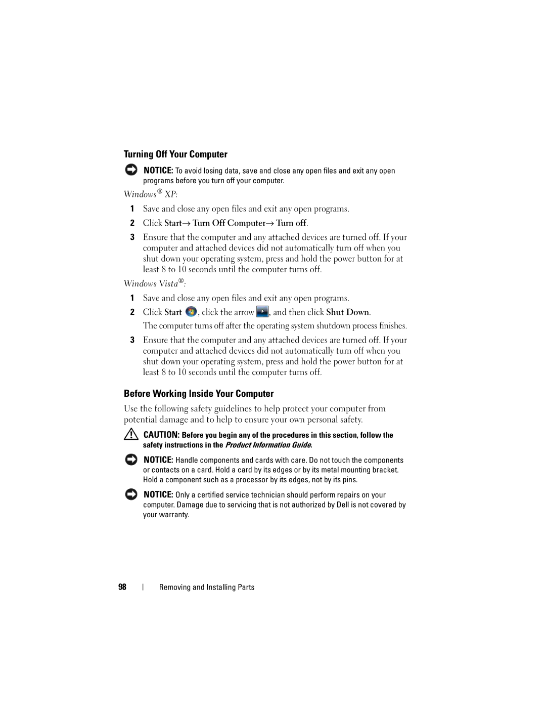 Dell 531 owner manual Turning Off Your Computer, Before Working Inside Your Computer 