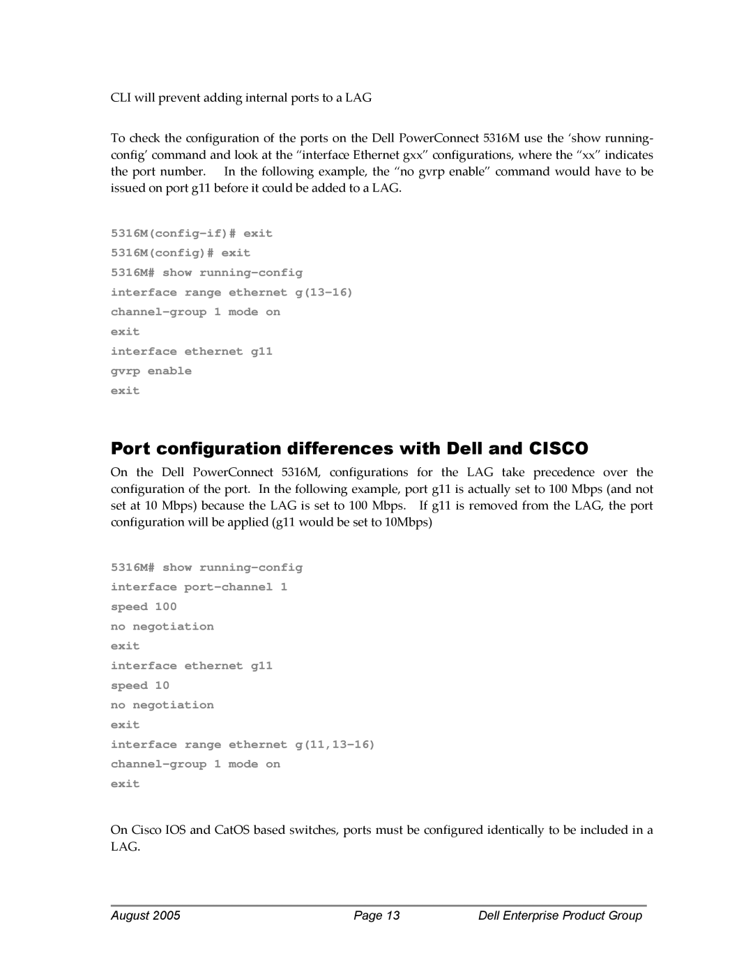 Dell 5316M manual Port configuration differences with Dell and Cisco 