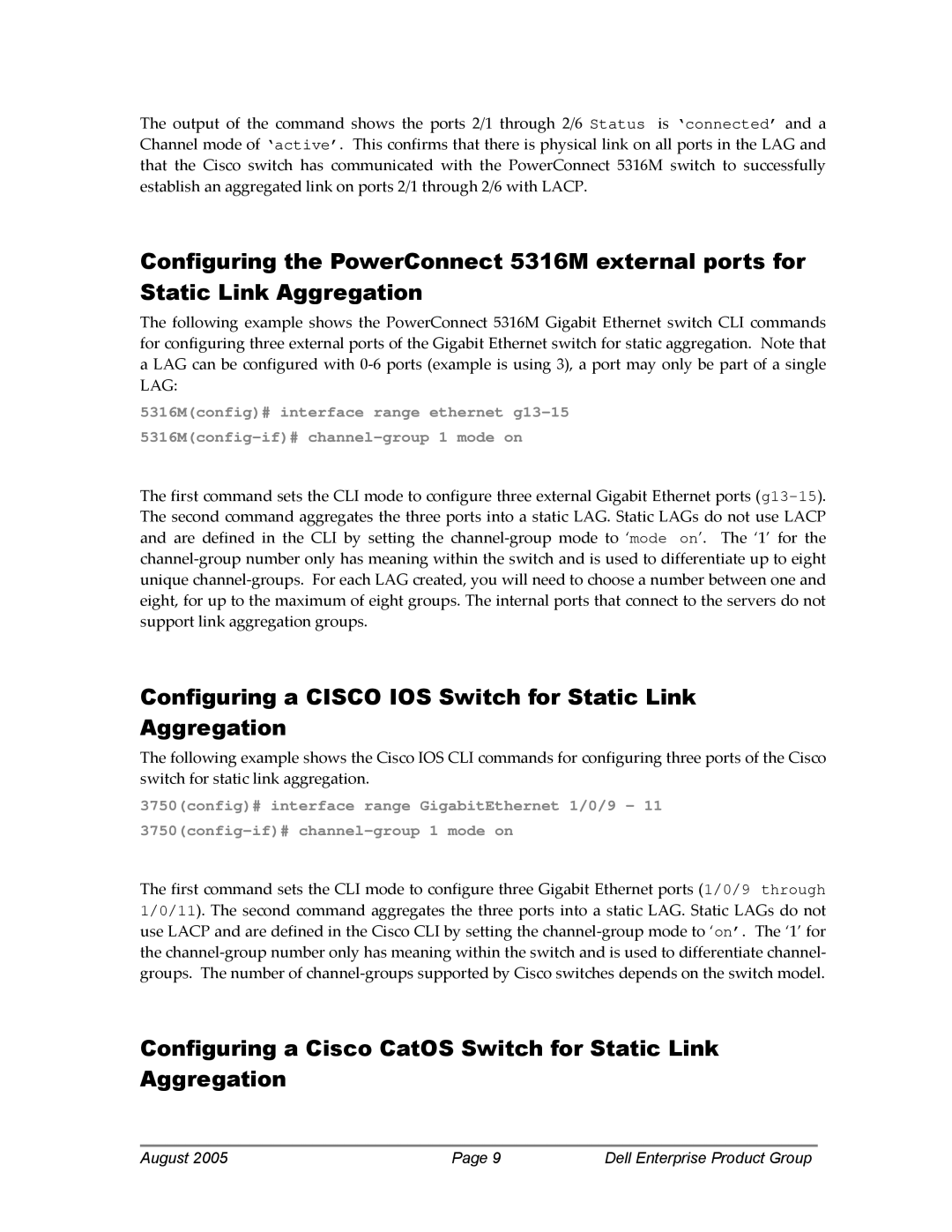 Dell 5316M manual Configuring a Cisco IOS Switch for Static Link Aggregation 