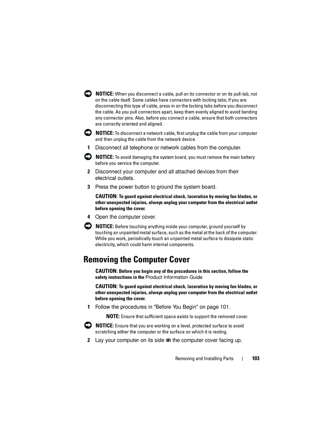 Dell 531S owner manual Removing the Computer Cover, 103 