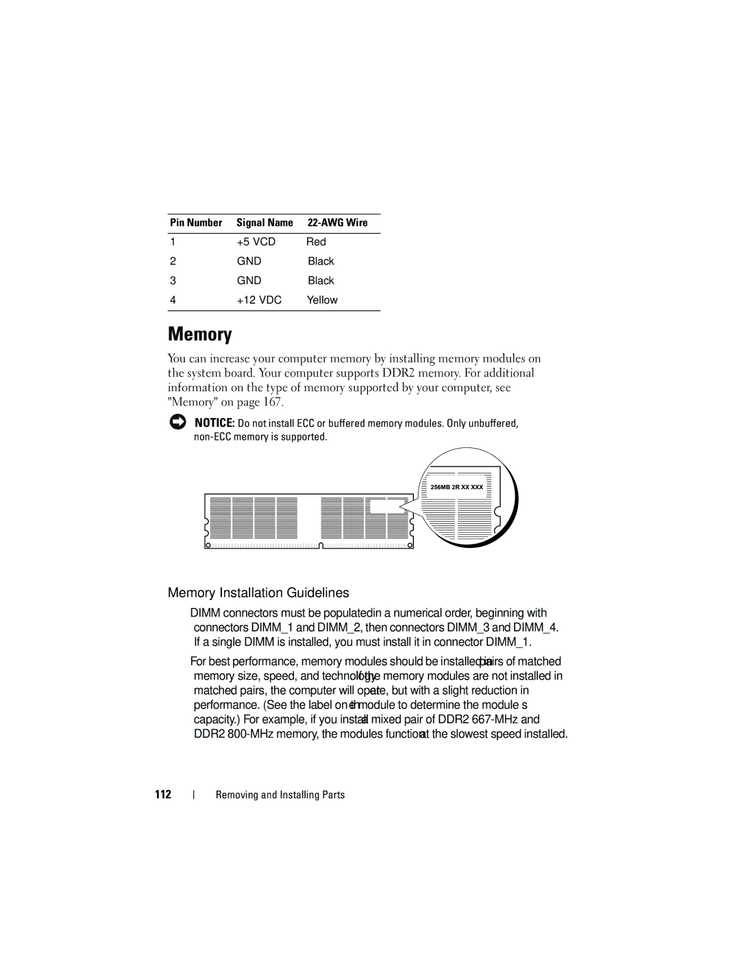 Dell 531S owner manual Memory Installation Guidelines, 112, Pin Number Signal Name AWG Wire 