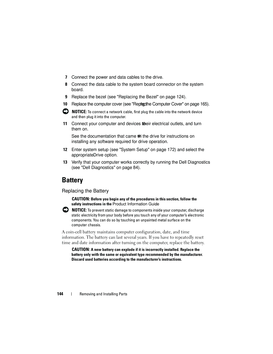 Dell 531S owner manual Replacing the Battery, 144 