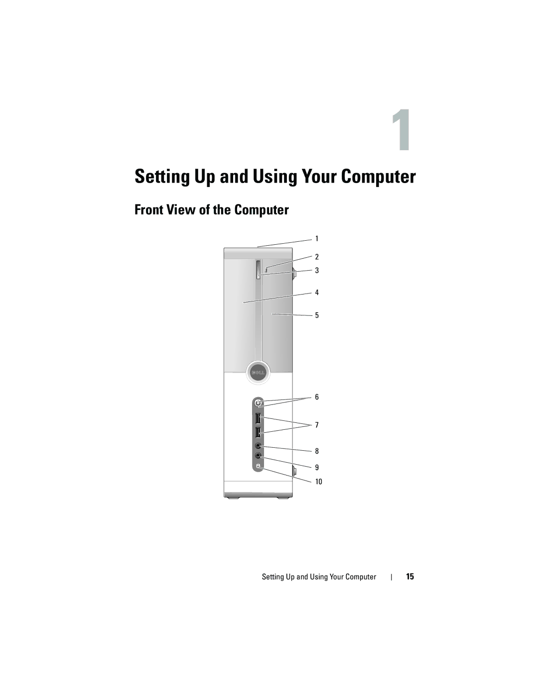 Dell 531S owner manual Front View of the Computer, Setting Up and Using Your Computer 