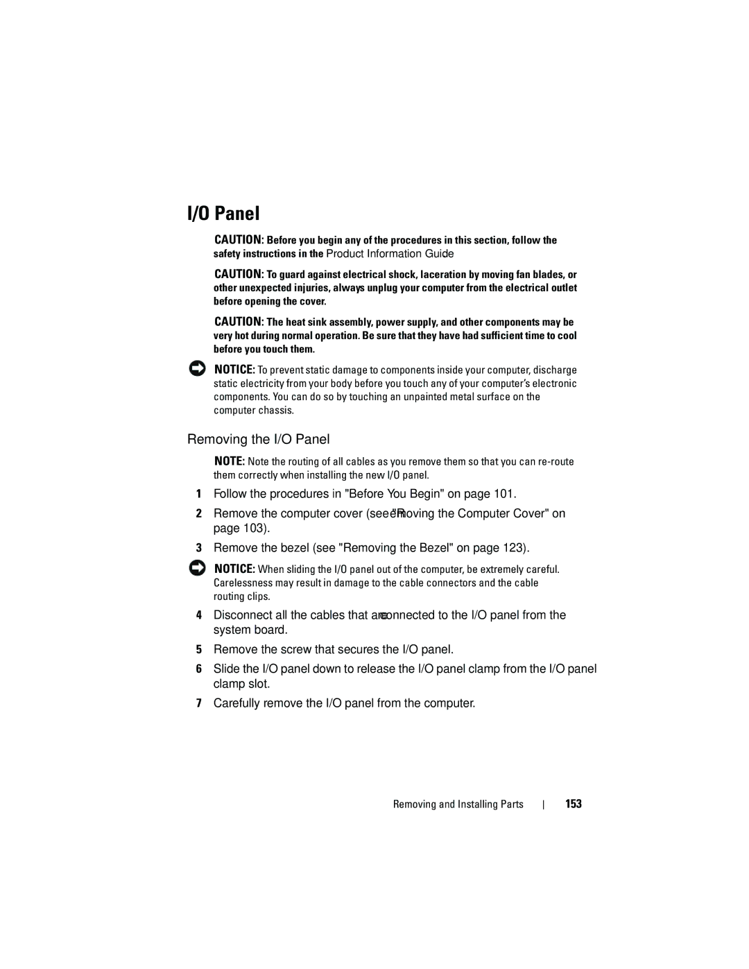 Dell 531S owner manual Removing the I/O Panel, 153 