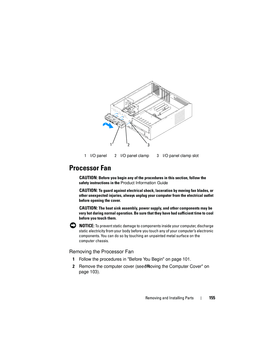 Dell 531S owner manual Removing the Processor Fan, 155 