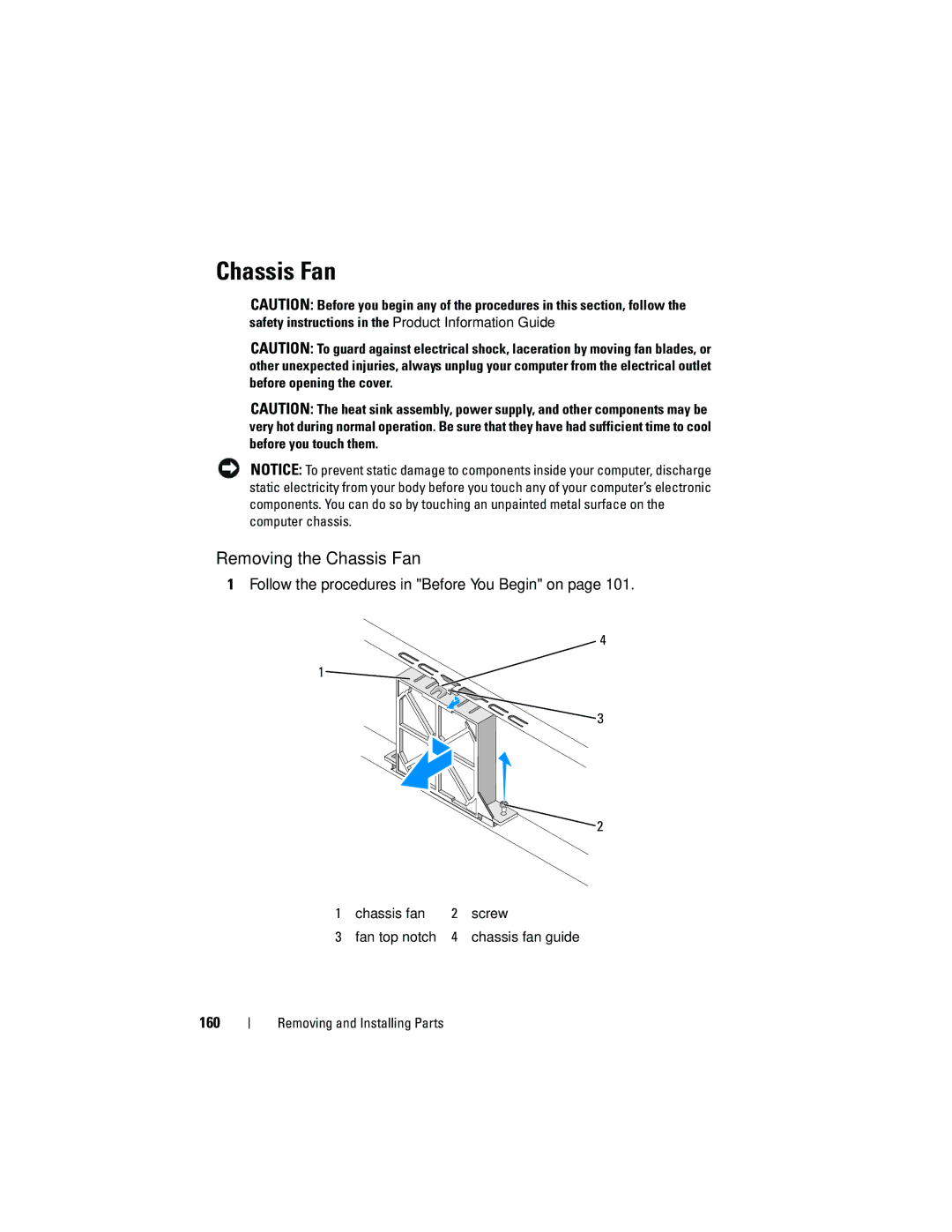 Dell 531S owner manual Removing the Chassis Fan, 160 