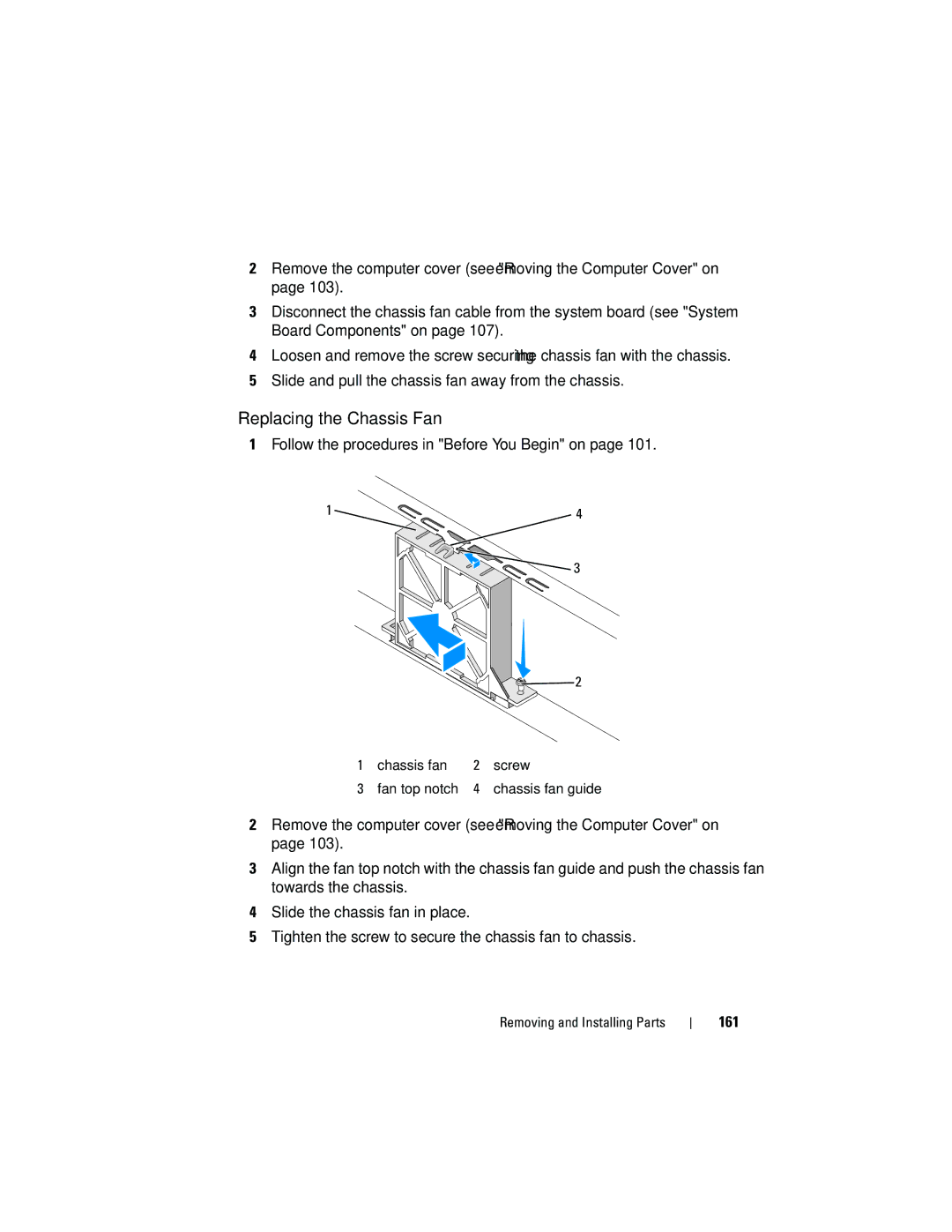 Dell 531S owner manual Replacing the Chassis Fan, 161 