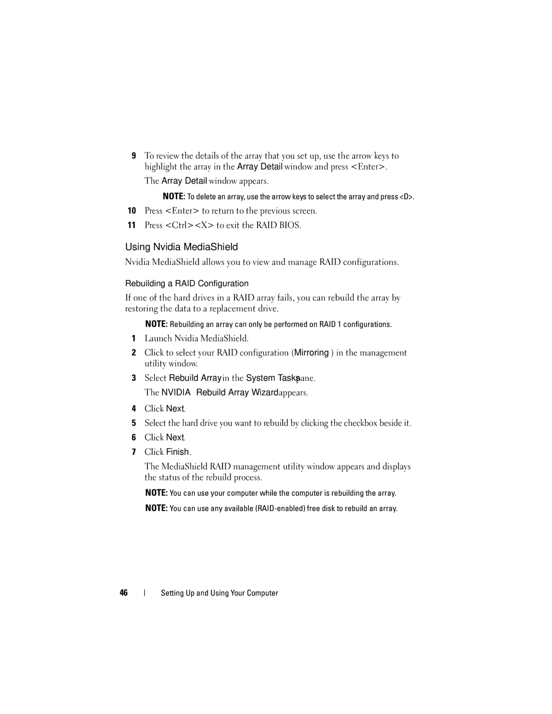 Dell 531S owner manual Using Nvidia MediaShield, Rebuilding a RAID Configuration 