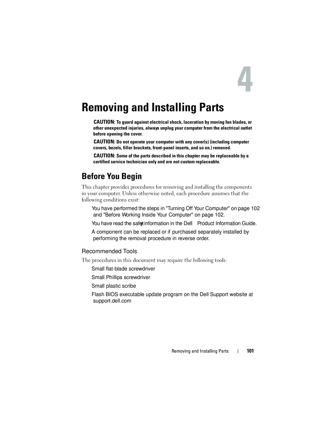 Dell 531S owner manual Before You Begin, Recommended Tools, 101, Removing and Installing Parts 