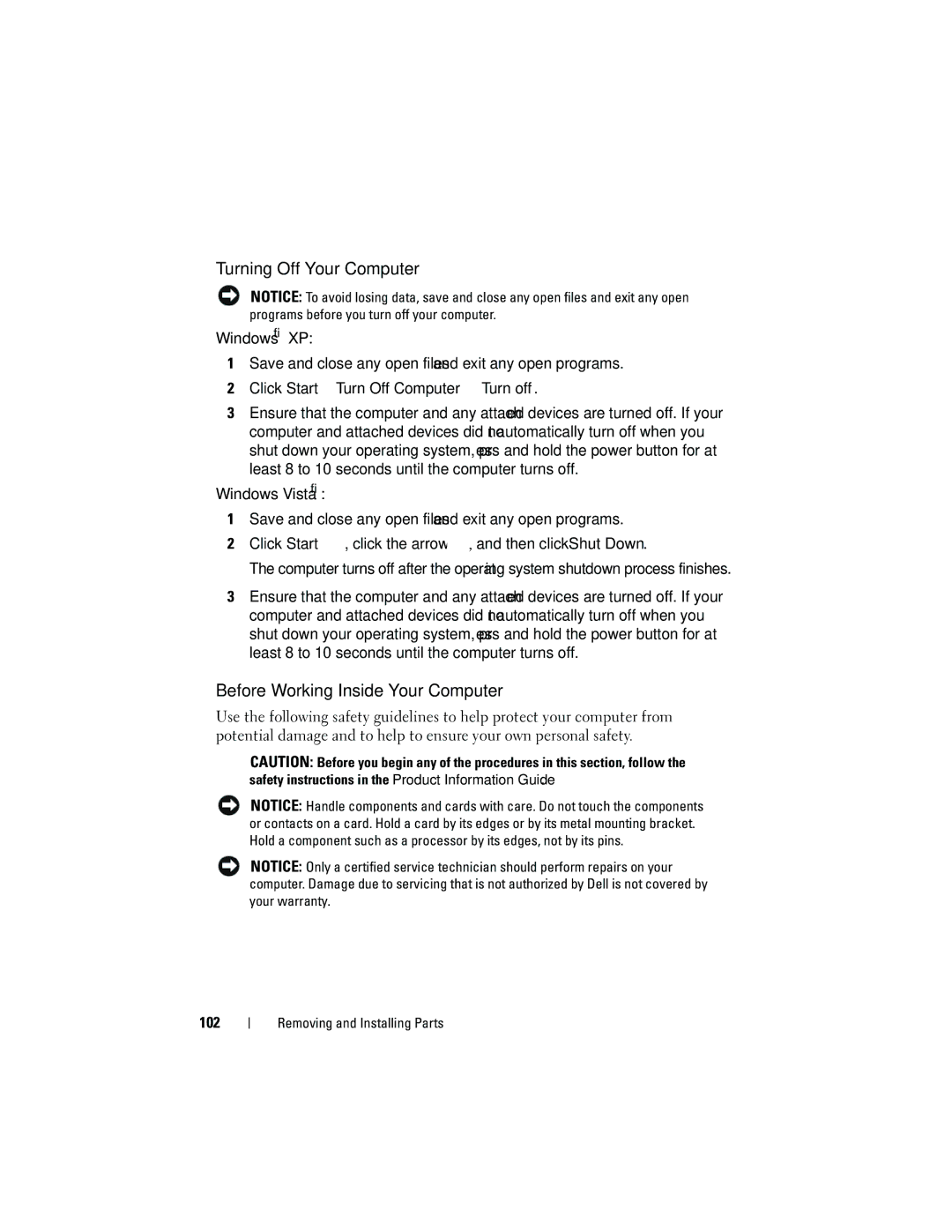 Dell 531S owner manual Turning Off Your Computer, Before Working Inside Your Computer, 102 