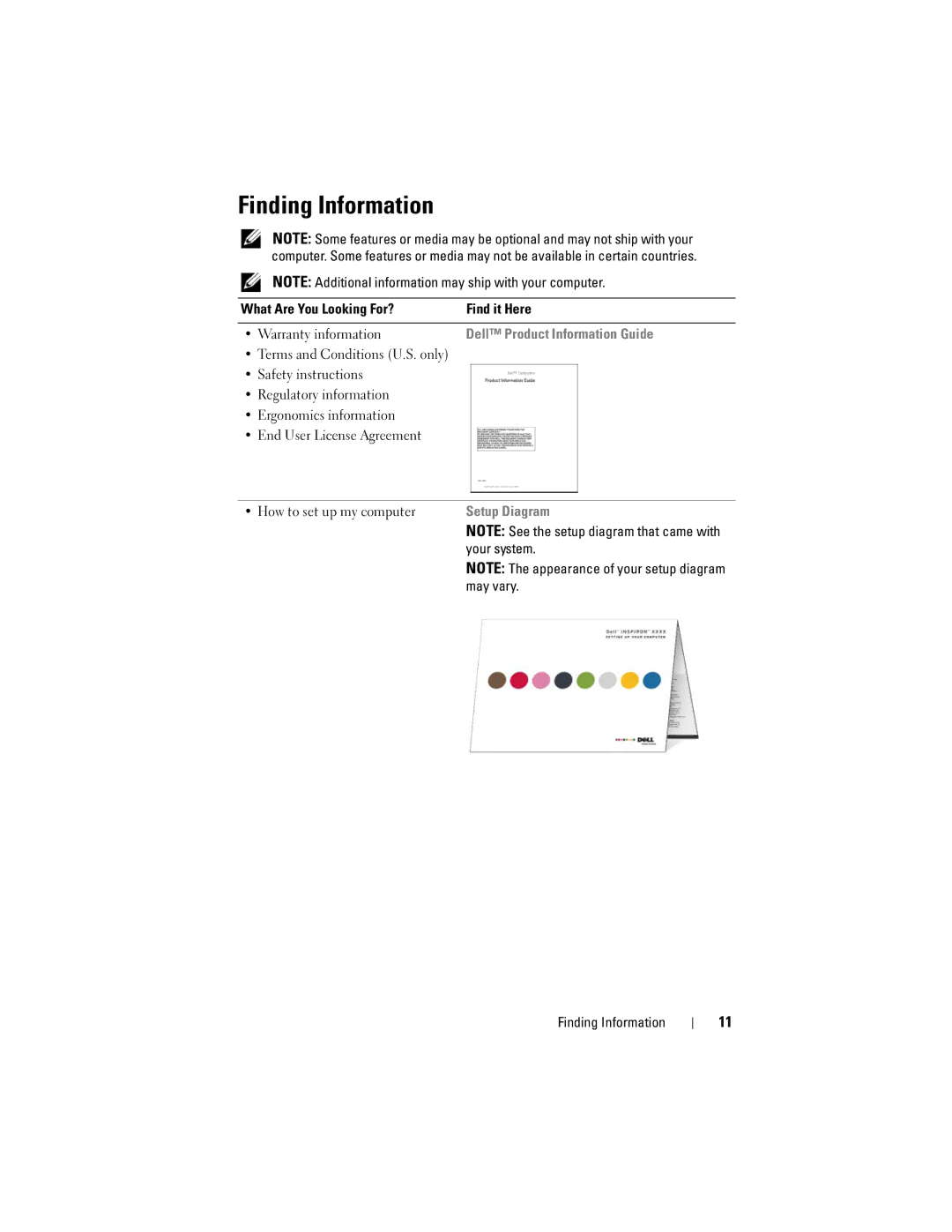 Dell 531S Finding Information, What Are You Looking For? Find it Here Warranty information, Your system, May vary 