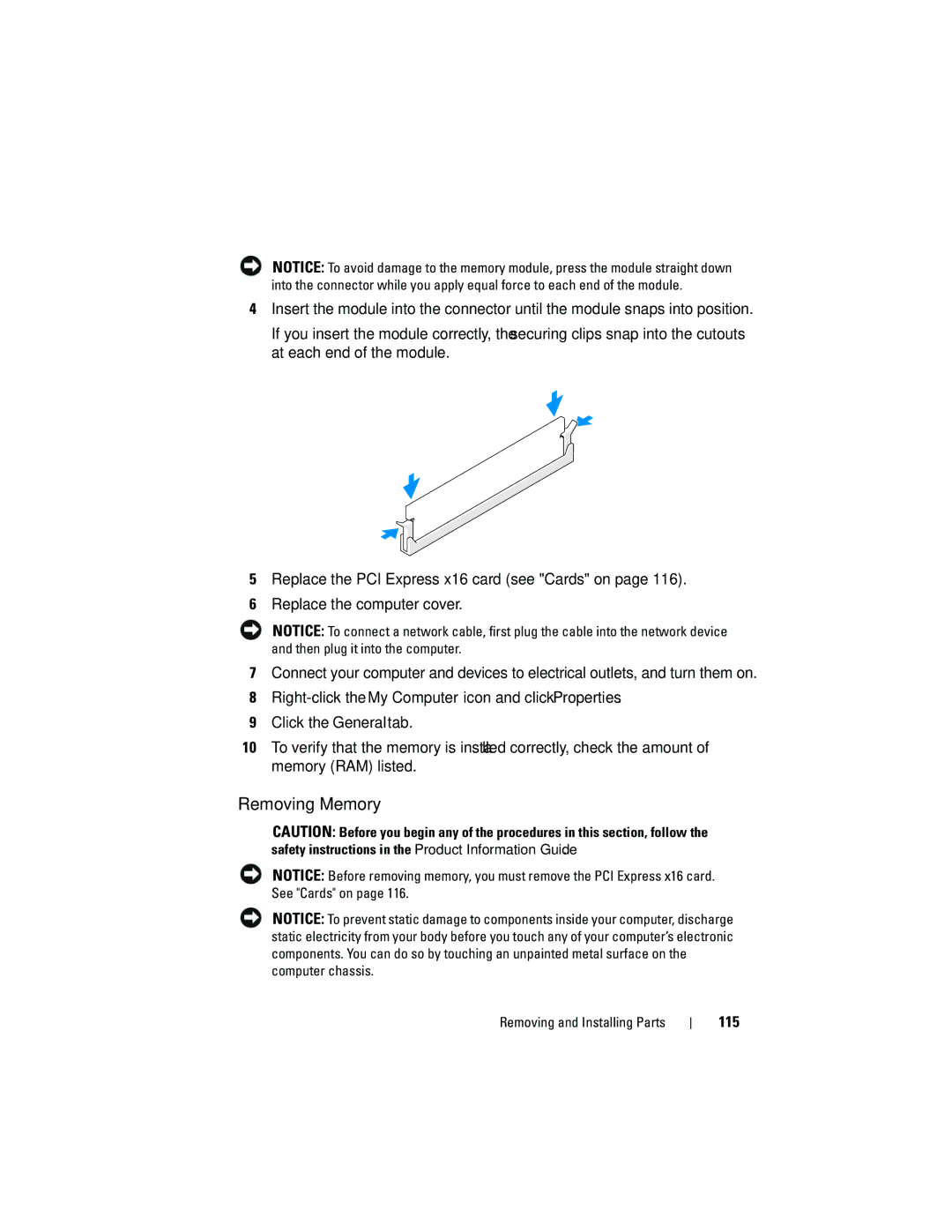 Dell 531S owner manual Removing Memory, 115 