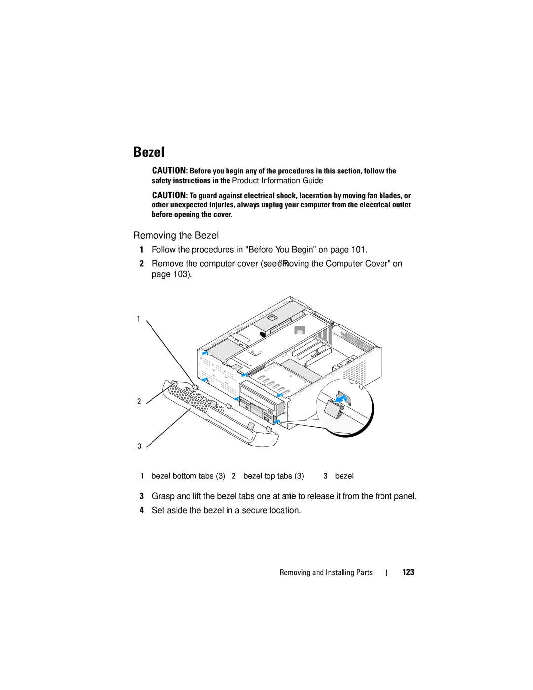 Dell 531S owner manual Removing the Bezel, 123 