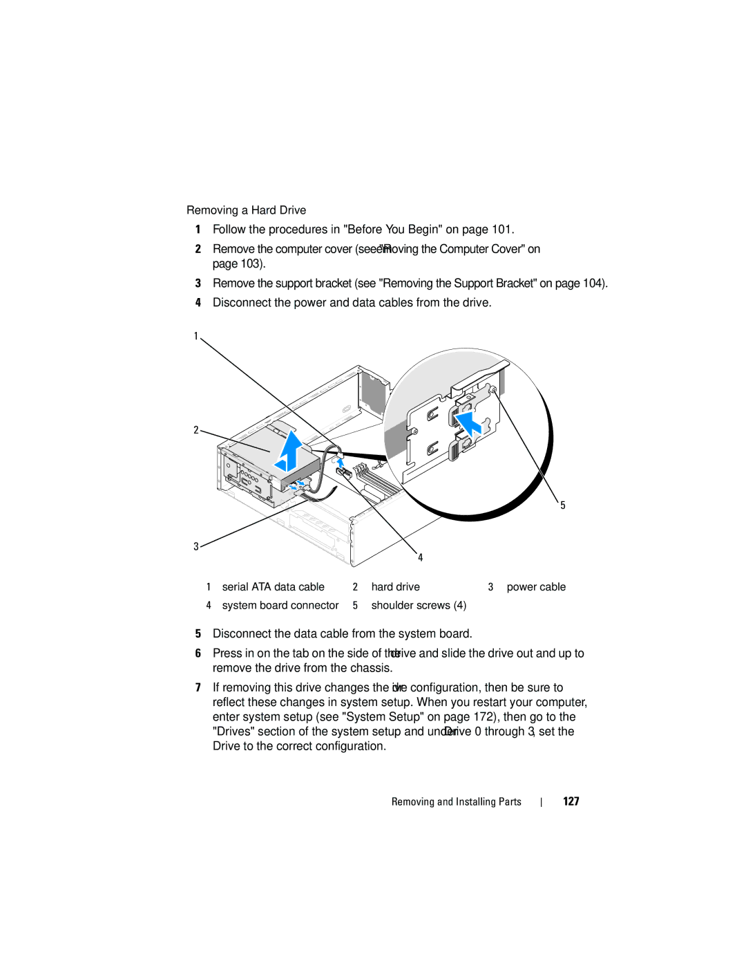 Dell 531S owner manual Disconnect the power and data cables from the drive, 127 