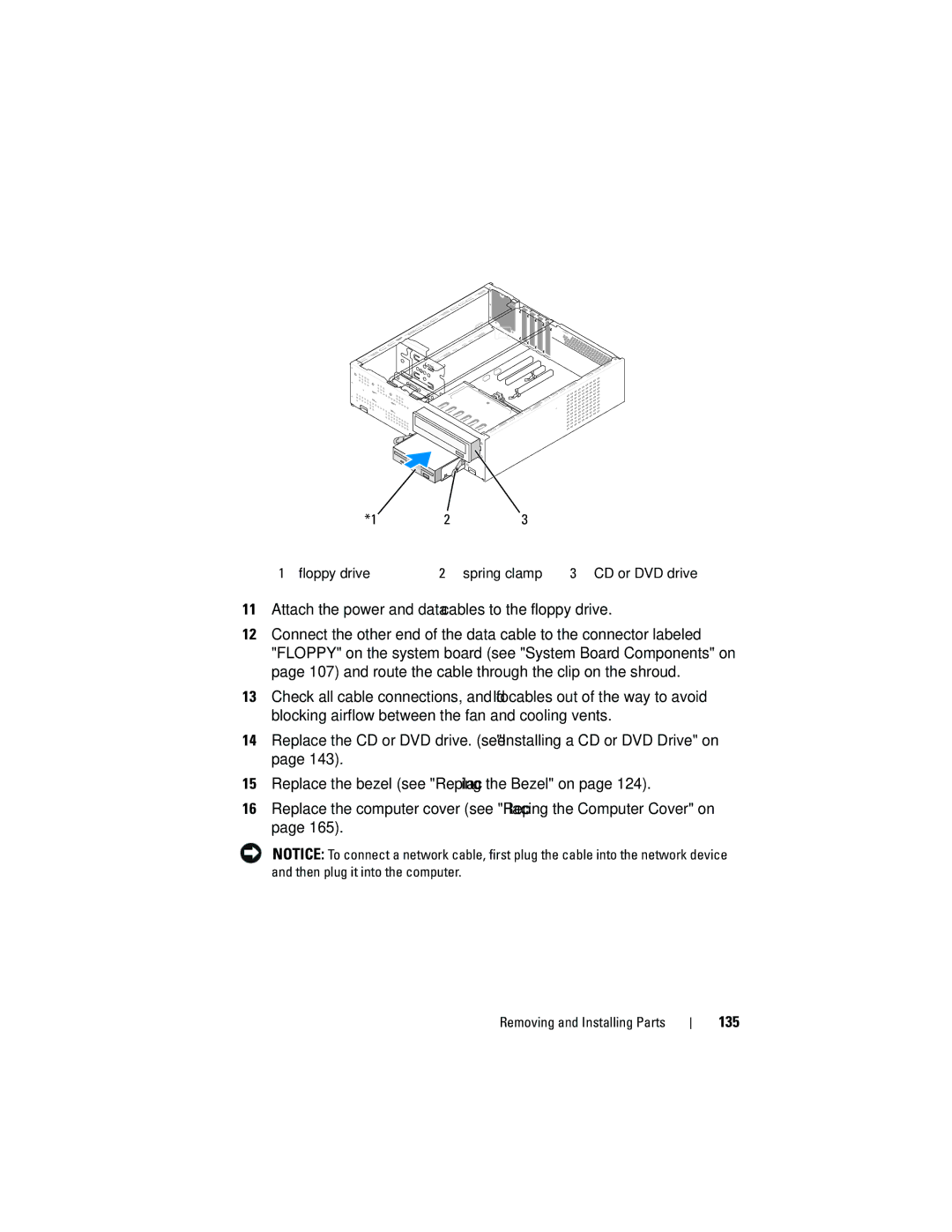 Dell 531S owner manual Attach the power and data cables to the floppy drive, 135 