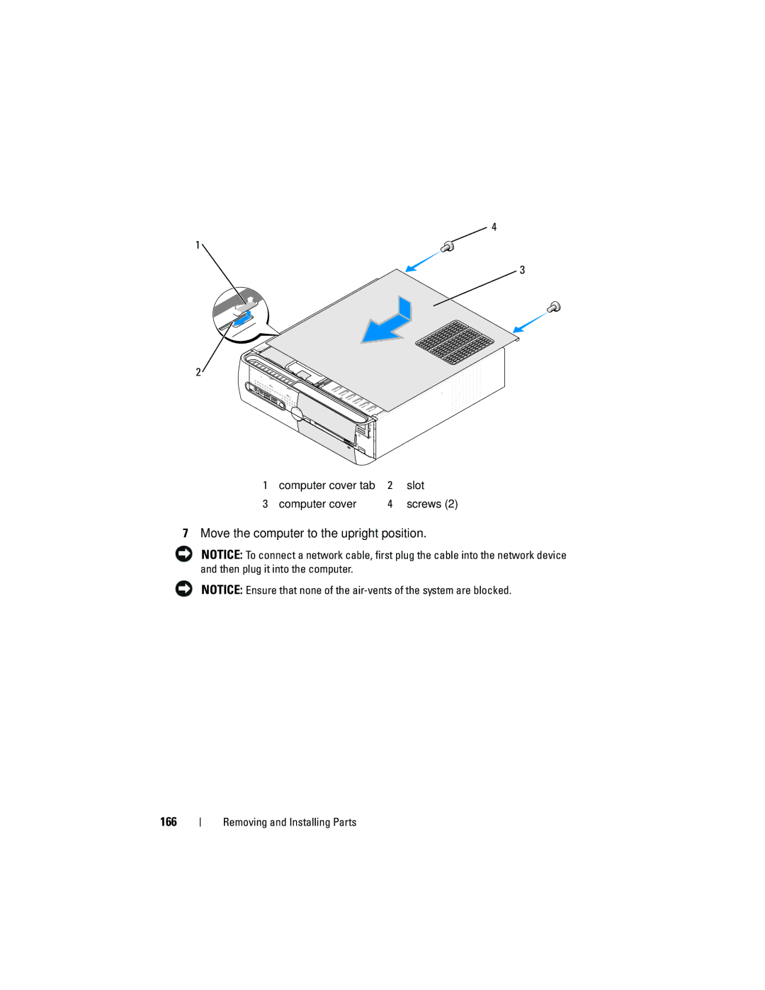 Dell 531S owner manual Move the computer to the upright position 166 