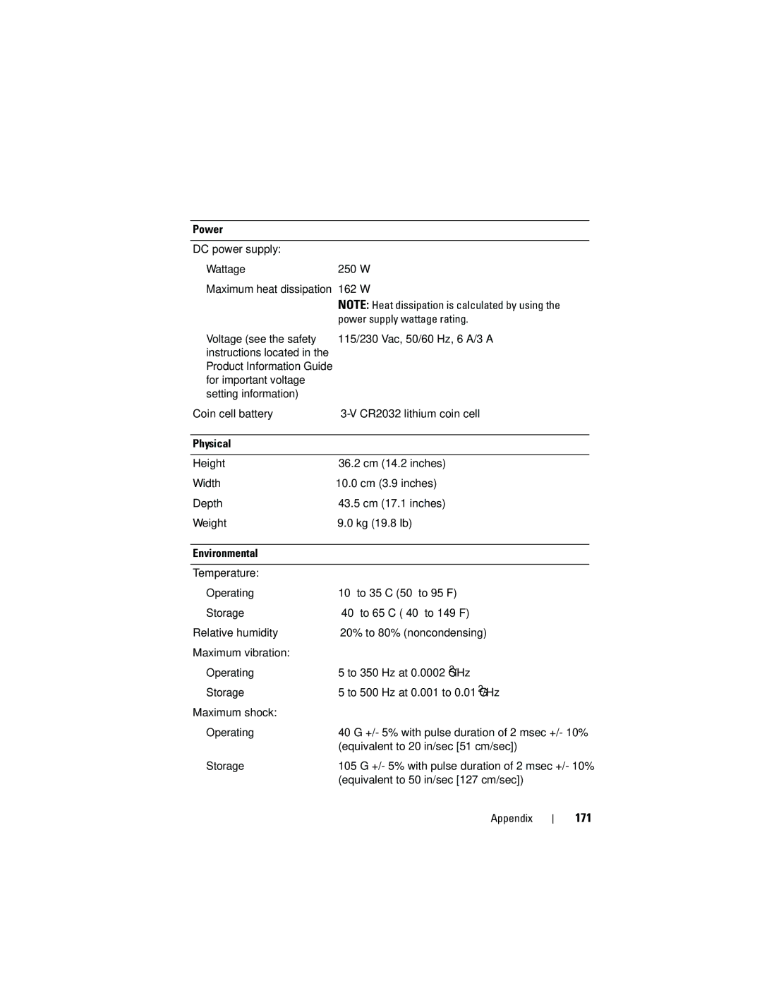 Dell 531S owner manual 171, Power, Physical, Environmental 