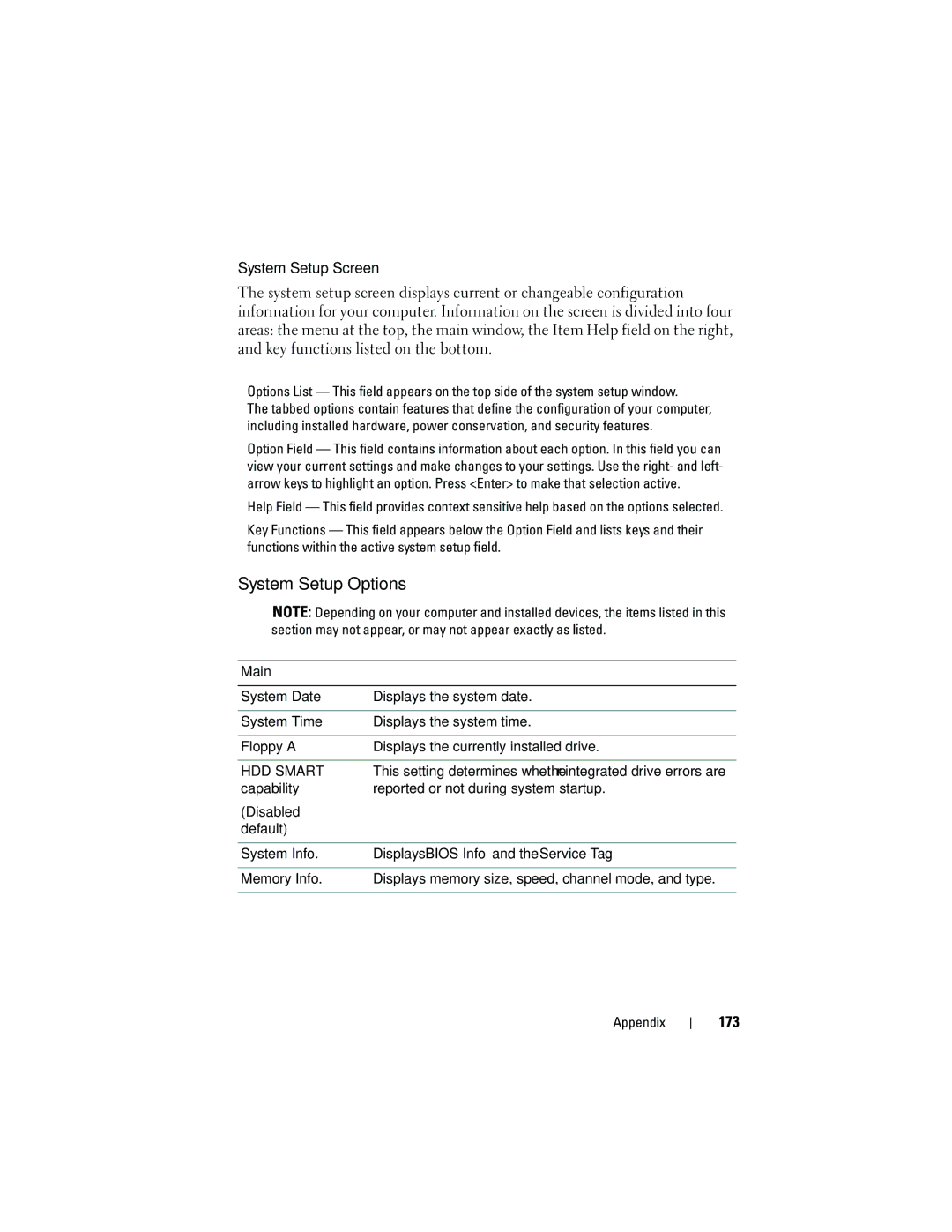 Dell 531S owner manual System Setup Options, System Setup Screen, 173, Displays Bios Info and the Service Tag 