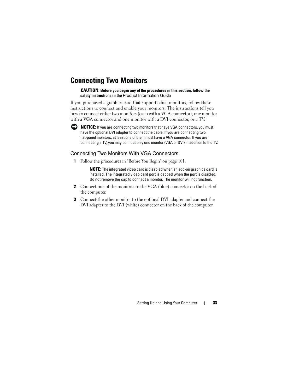 Dell 531S owner manual Connecting Two Monitors With VGA Connectors 