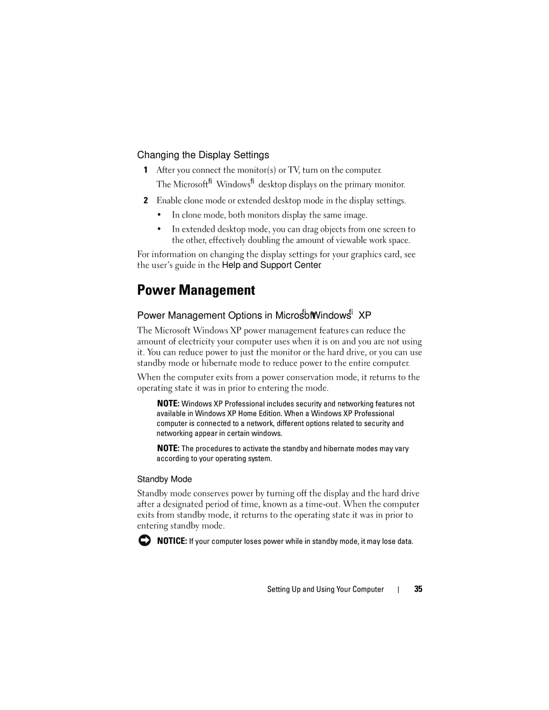 Dell 531S owner manual Changing the Display Settings, Power Management Options in Microsoft Windows XP, Standby Mode 