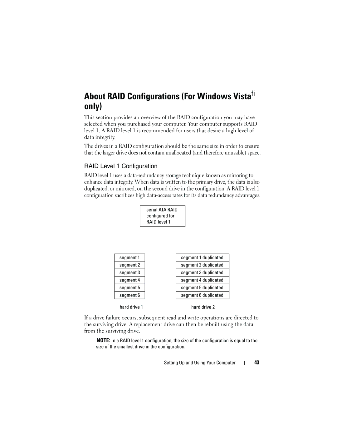 Dell 531S owner manual About RAID Configurations For Windows Vista only, RAID Level 1 Configuration 