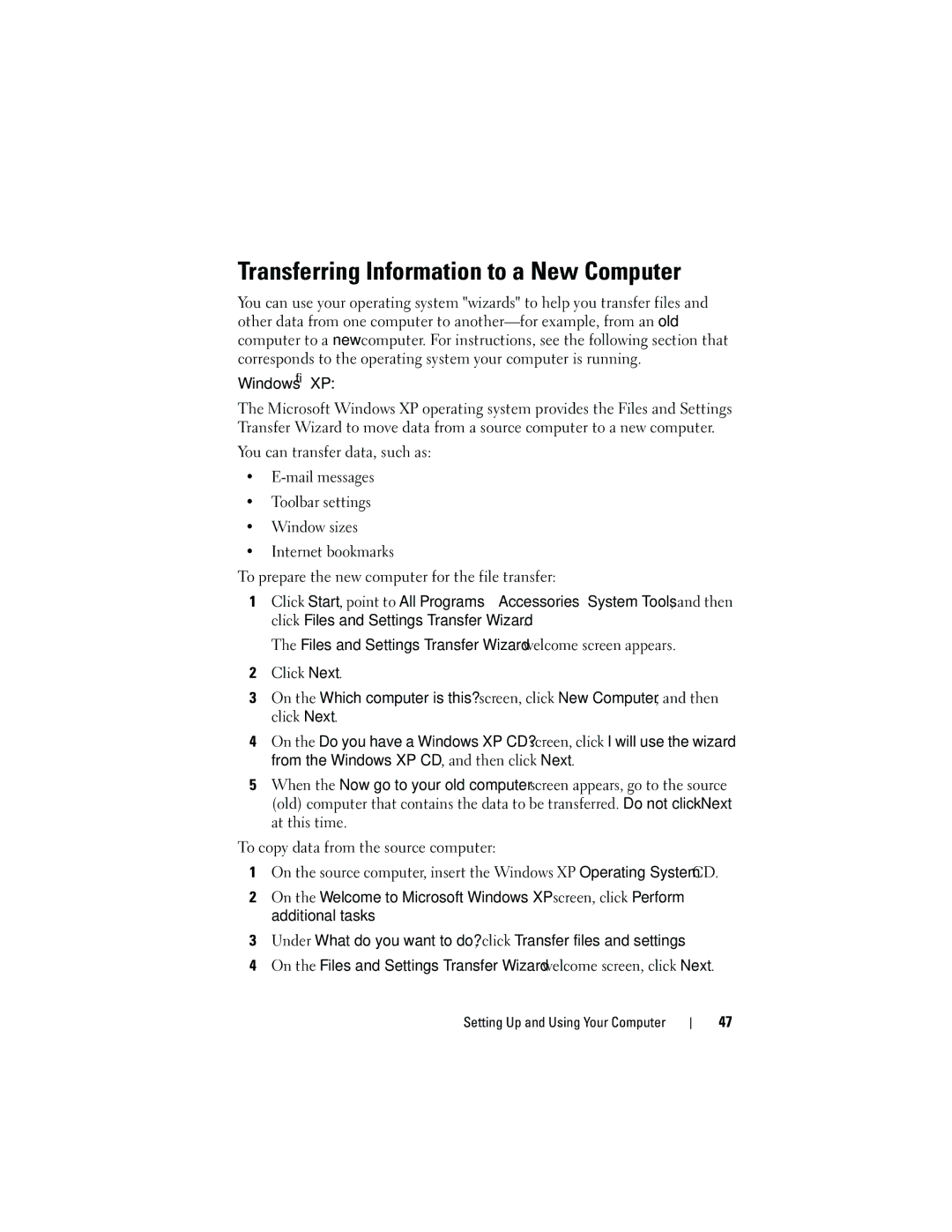 Dell 531S owner manual Transferring Information to a New Computer, Windows XP 