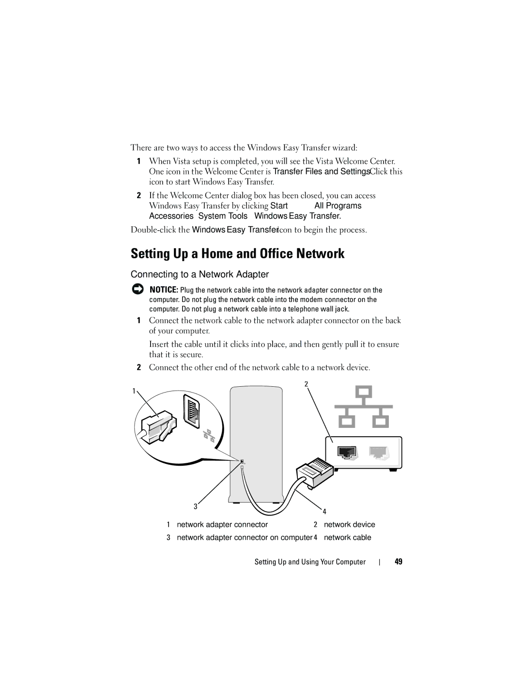 Dell 531S owner manual Setting Up a Home and Office Network, Connecting to a Network Adapter 